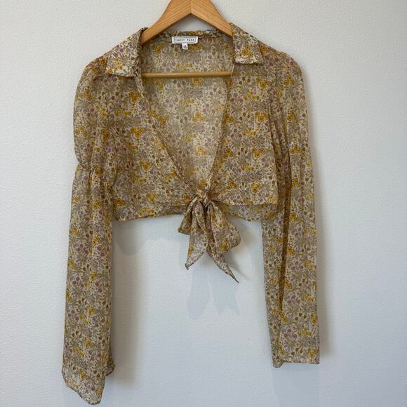 Emory Park Yellow Floral Sheer Tie Front Long Sleeve Cropped Blouse Small - Picture 8 of 9